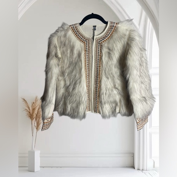 New Anthropologie Blank London Pheba Pearl Faux Fur Embroidered Jacket Size S - Picture 2 of 10